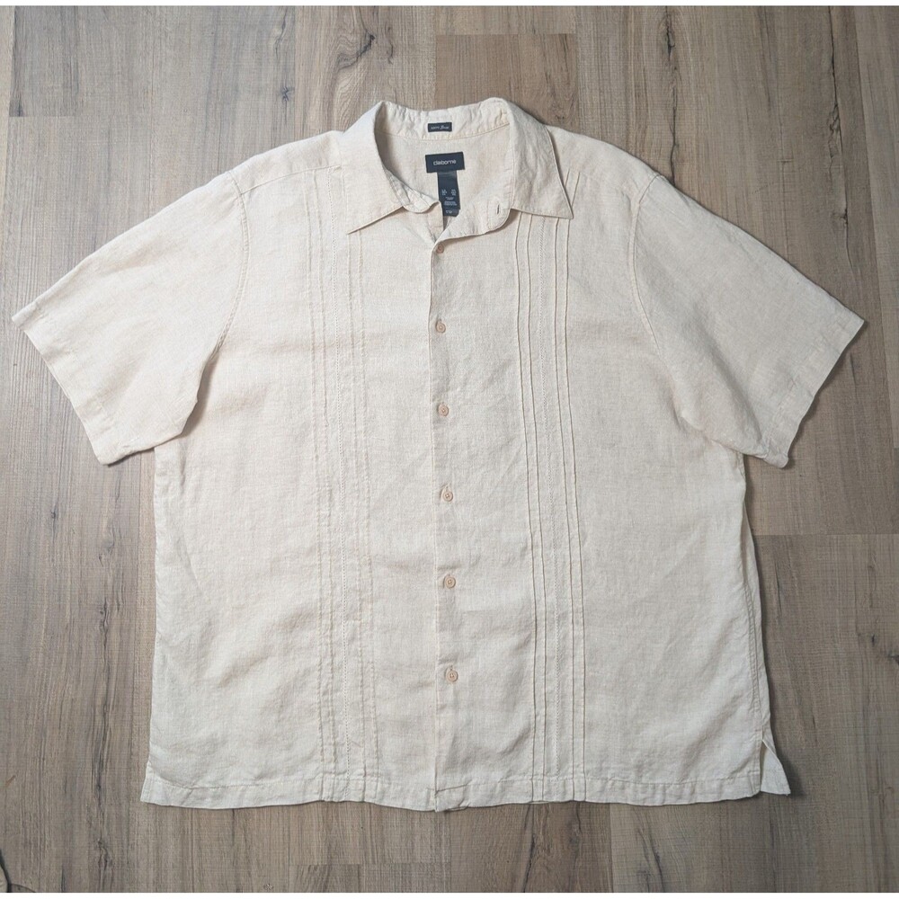 Claiborne Size XXL 100% Linen Guayabera Shirt Beige Short Sleeve Resort EUC